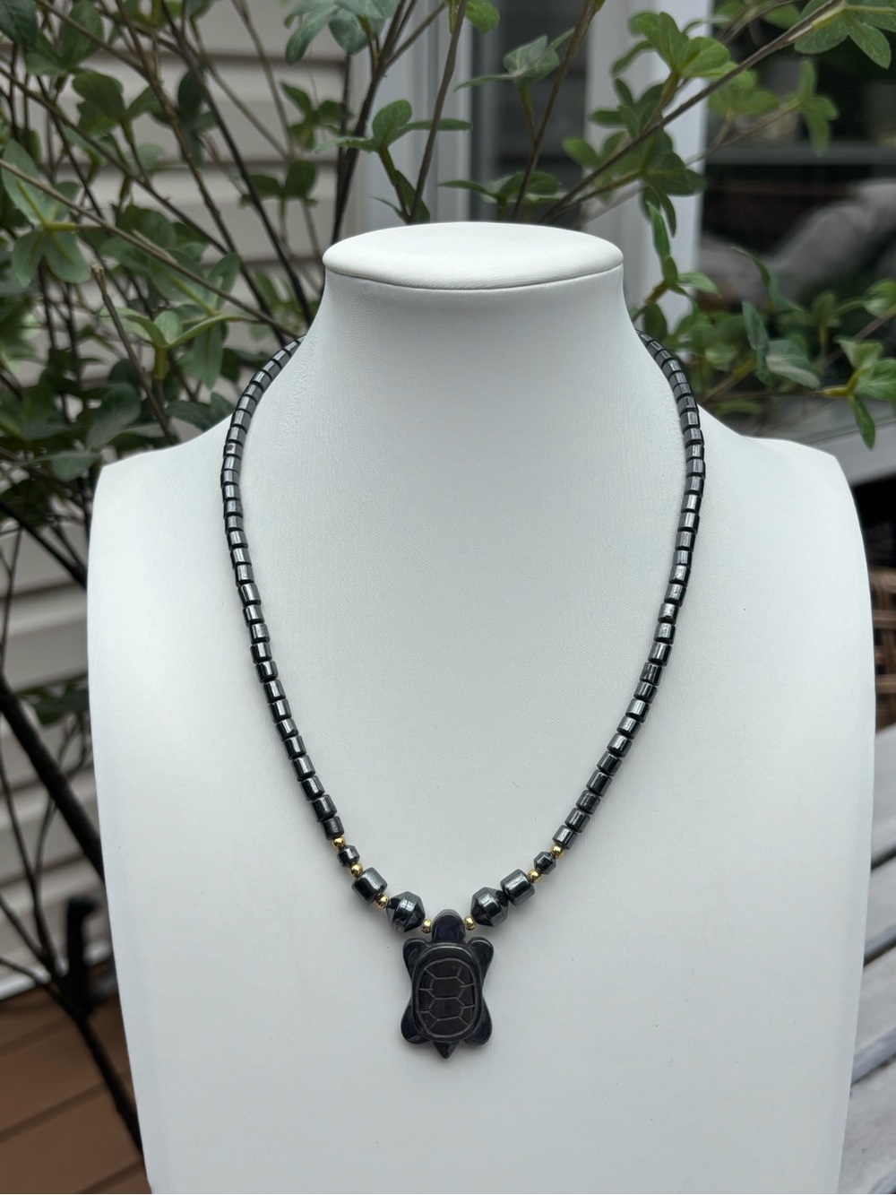 Black Beaded Turtle Pendant Necklace